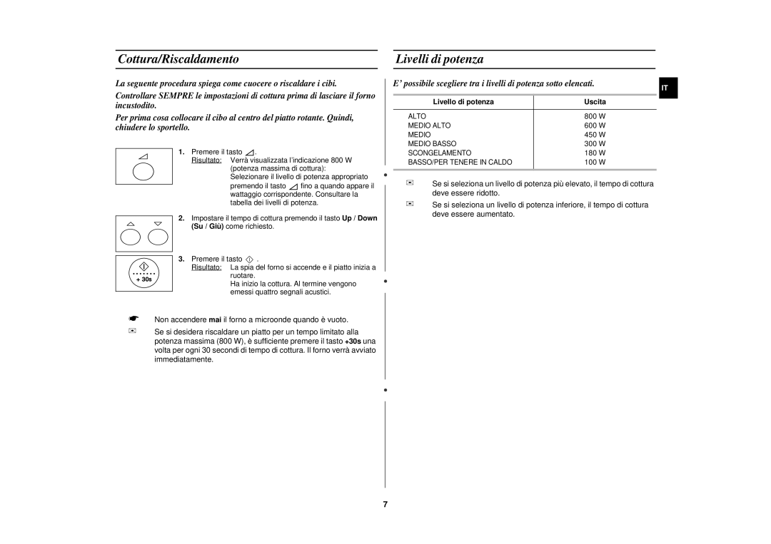 Samsung MR87-S/XET manual Cottura/Riscaldamento Livelli di potenza, Livello di potenza Uscita 