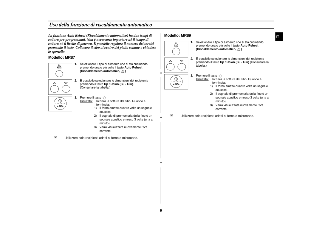 Samsung MR87-S/XET manual Uso della funzione di riscaldamento automatico 