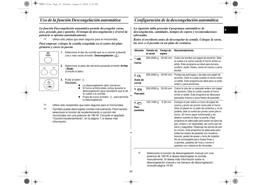 Samsung MR87-S/XEC, MR87/XEC manual Uso de la función Desc ongelación automática 