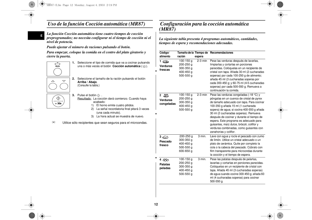 Samsung MR87/XEC, MR87-S/XEC Uso de la función Cocc ión automática MR87, Configuración para la cocción automática MR87 