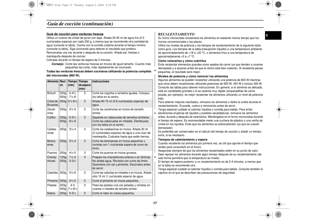 Samsung MR87-S/XEC, MR87/XEC manual Guía de cocción continuación, Recalentamiento 