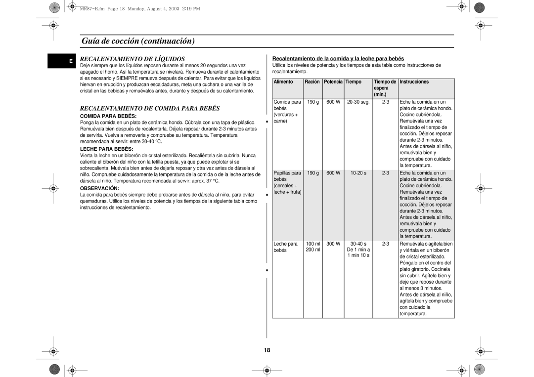 Samsung MR87/XEC, MR87-S/XEC manual Recalentamiento DE Líquidos, Recalentamiento DE Comida Para Bebés 