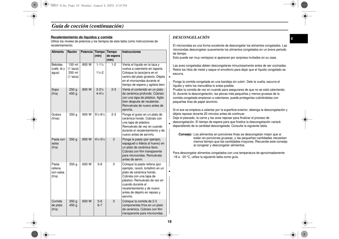 Samsung MR87-S/XEC, MR87/XEC manual Descongelación, Recalentamiento de líquidos y comida 