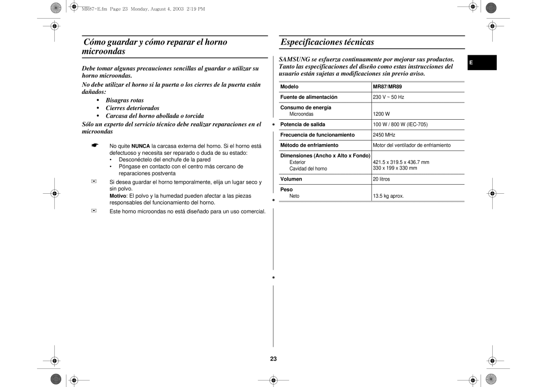 Samsung MR87-S/XEC, MR87/XEC manual Cómo guardar y cómo reparar el horno microondas, Especificaciones técnicas 