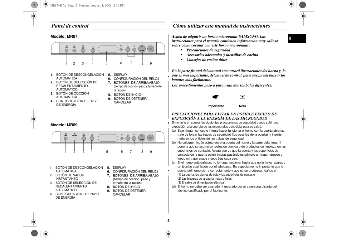 Samsung MR87-S/XEC, MR87/XEC Panel de control, Cómo utilizar este manual de instrucciones, ImportanteNota 