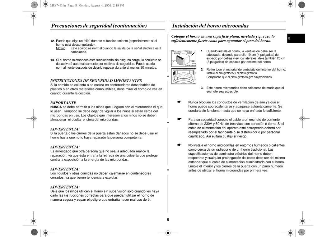 Samsung MR87-S/XEC, MR87/XEC manual Instrucciones DE Seguridad Importantes, Advertencia 