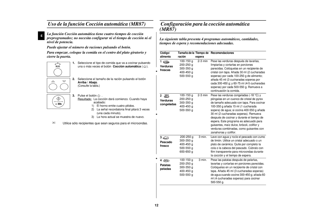 Samsung MR87/XEC, MR87-S/XEC Uso de la función Cocc ión automática MR87, Configuración para la cocción automática MR87 