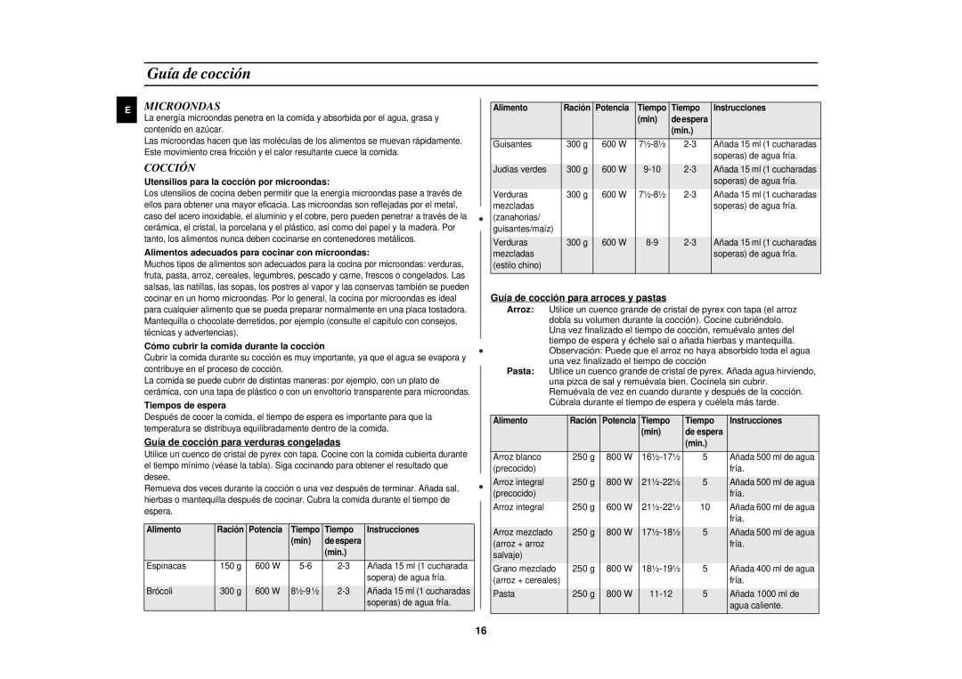 Samsung MR87/XEC, MR87-S/XEC manual Guía de cocción, Microondas, Cocción 