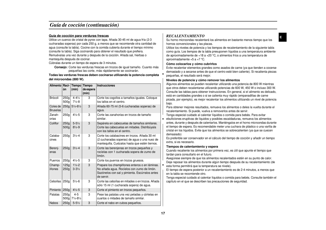 Samsung MR87-S/XEC, MR87/XEC manual Guía de cocción continuación, Recalentamiento 