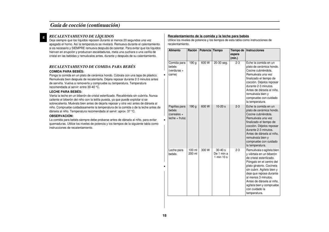 Samsung MR87/XEC, MR87-S/XEC manual Recalentamiento DE Líquidos, Recalentamiento DE Comida Para Bebés, Alimento Ración 