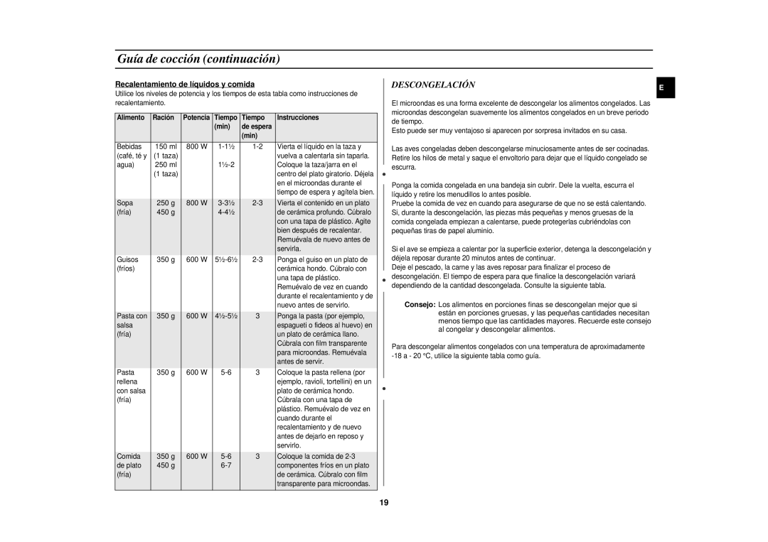 Samsung MR87-S/XEC, MR87/XEC manual Descongelación, Recalentamiento de líquidos y comida 