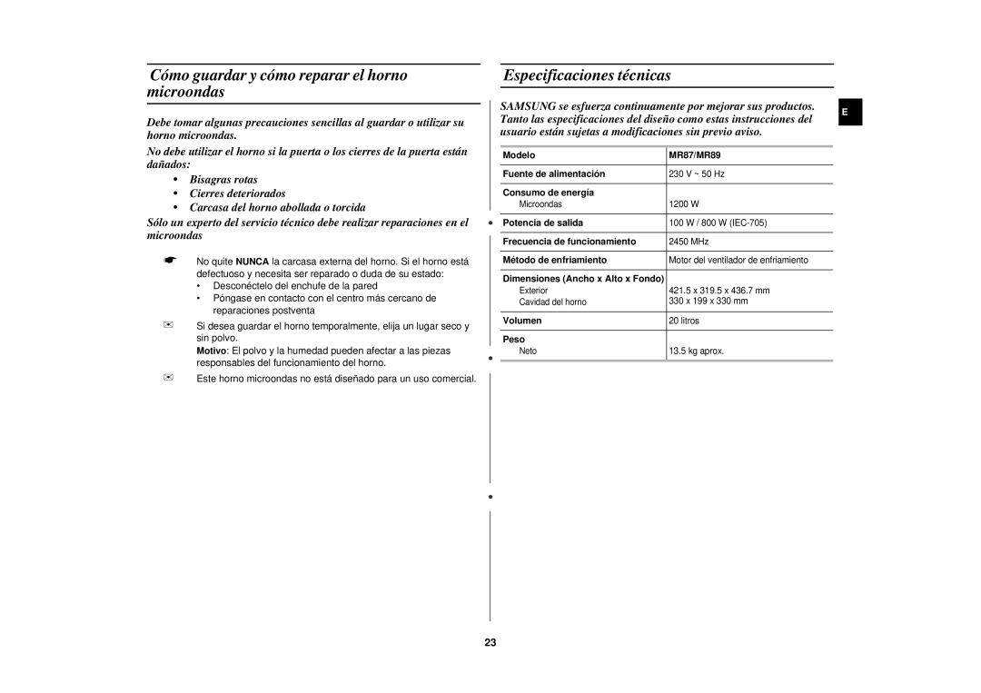 Samsung MR87-S/XEC, MR87/XEC manual Cómo guardar y cómo reparar el horno microondas, Especificaciones técnicas 