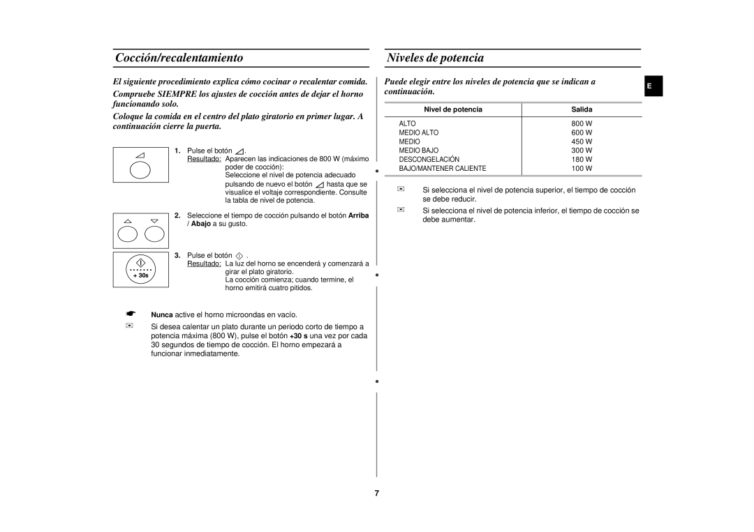 Samsung MR87-S/XEC, MR87/XEC manual Cocción/recalentamiento Niveles de potencia, Nivel de potencia Salida 