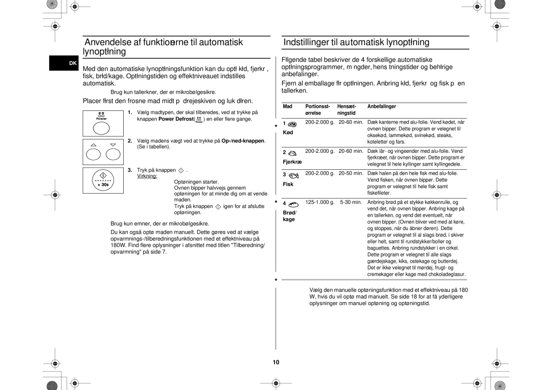 Samsung MR87/XEE manual Anvendelse af funktionerne til automatisk lynoptøning, Indstillinger til automatisk lynoptøning 