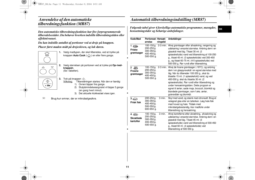 Samsung MR87/XEE manual Automatisk tilberedningsindstilling MR87 