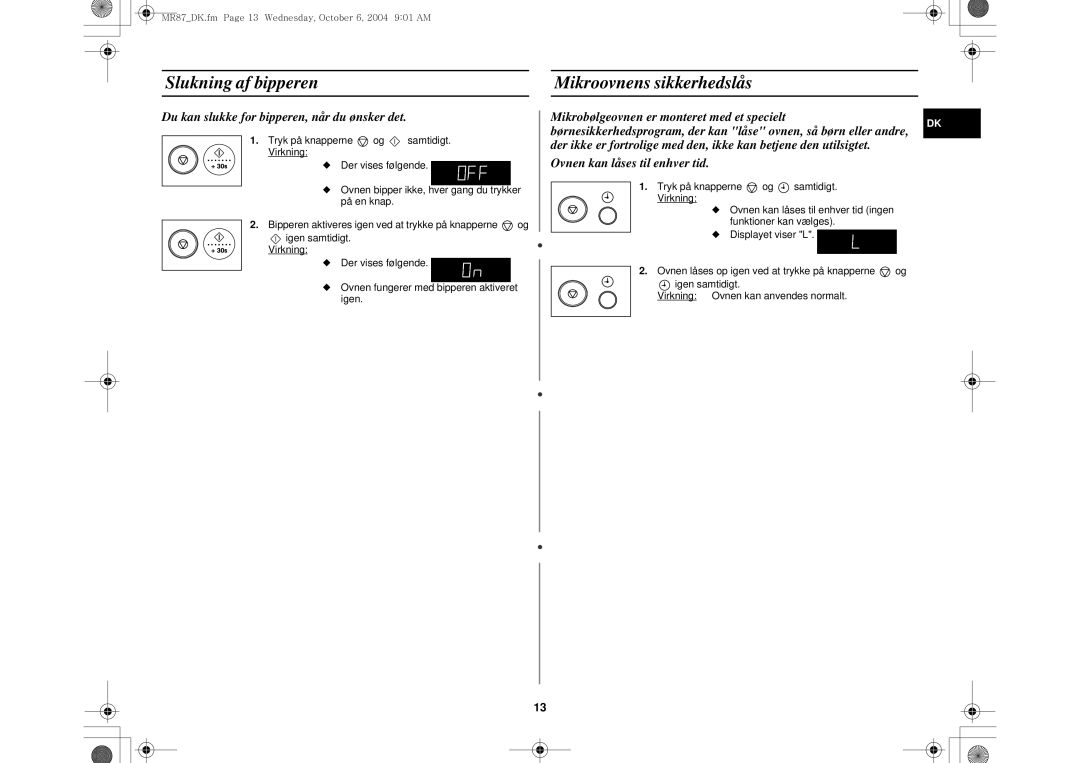 Samsung MR87/XEE manual Slukning af bipperen Mikroovnens sikkerhedslås, Du kan slukke for bipperen, når du ønsker det 