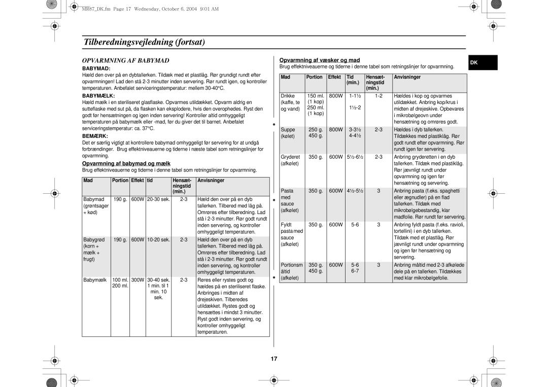 Samsung MR87/XEE manual Opvarmning AF Babymad, Opvarmning af babymad og mælk, Opvarmning af væsker og mad 