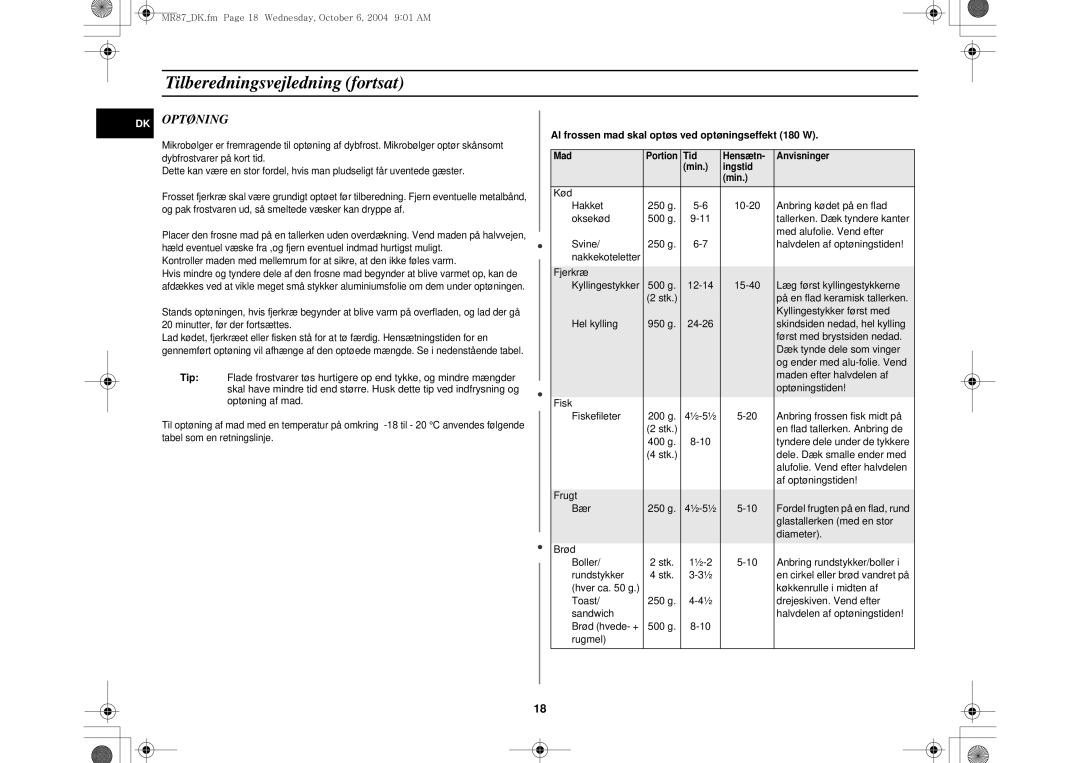 Samsung MR87/XEE manual Optøning, Al frossen mad skal optøs ved optøningseffekt 180 W 