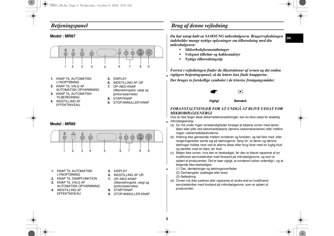 Samsung MR87/XEE manual Betjeningspanel, Brug af denne vejledning, OP-/NED-KNAP tilberedningstid, vægt og portionsstørrelse 