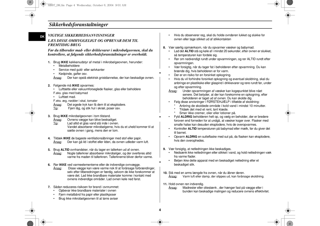 Samsung MR87/XEE manual Sikkerhedsforanstaltninger 