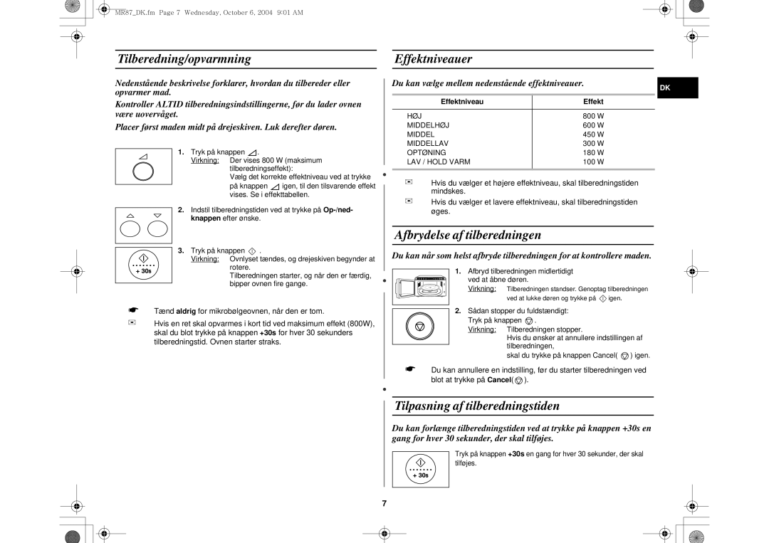 Samsung MR87/XEE Tilberedning/opvarmningEffektniveauer, Afbrydelse af tilberedningen, Tilpasning af tilberedningstiden 