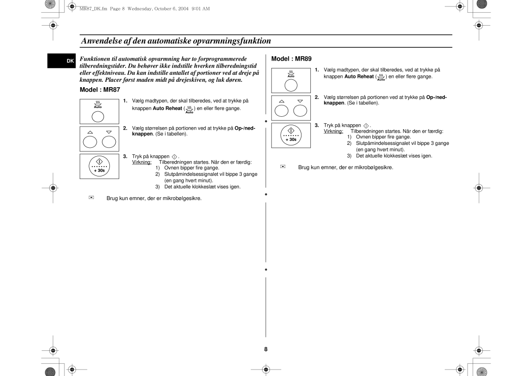 Samsung MR87/XEE manual Anvendelse af den automatiske opvarmningsfunktion 