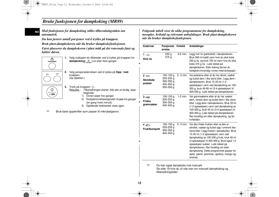 Samsung MR87/XEE manual Bruke funksjonen for dampkoking MR89, Hvit ris, Grønnsaker, Fruktkompott 
