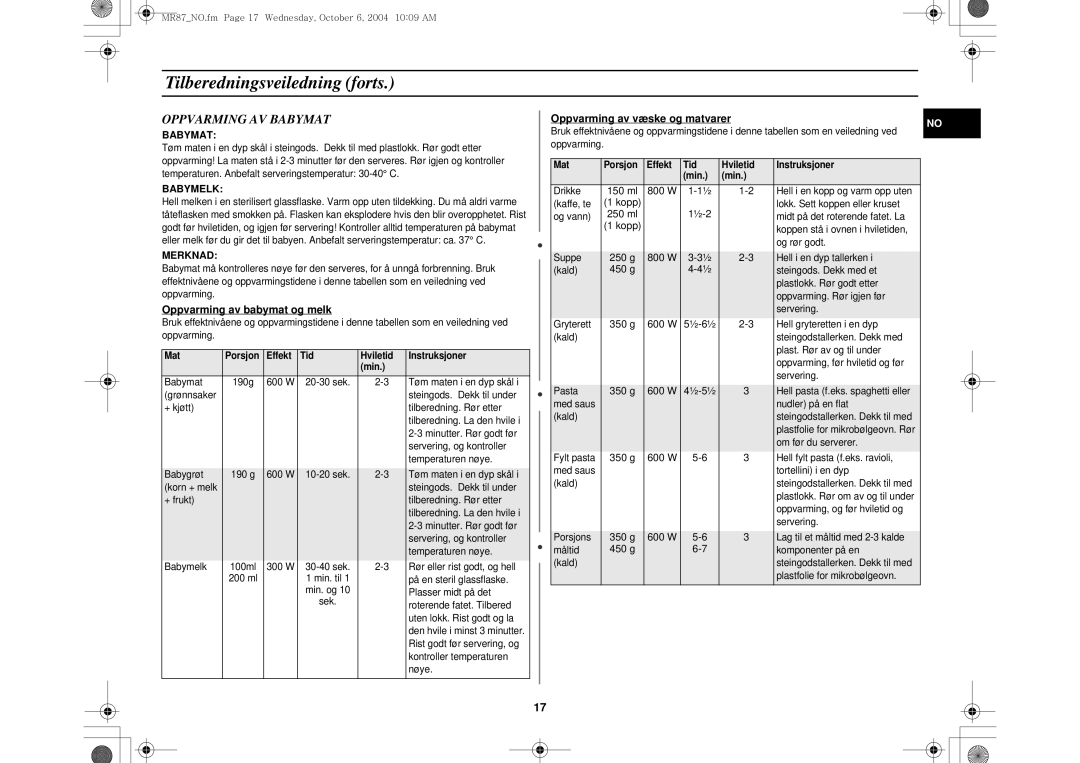 Samsung MR87/XEE manual Oppvarming AV Babymat, Oppvarming av babymat og melk, Oppvarming av væske og matvarer, 150 ml 800 W 