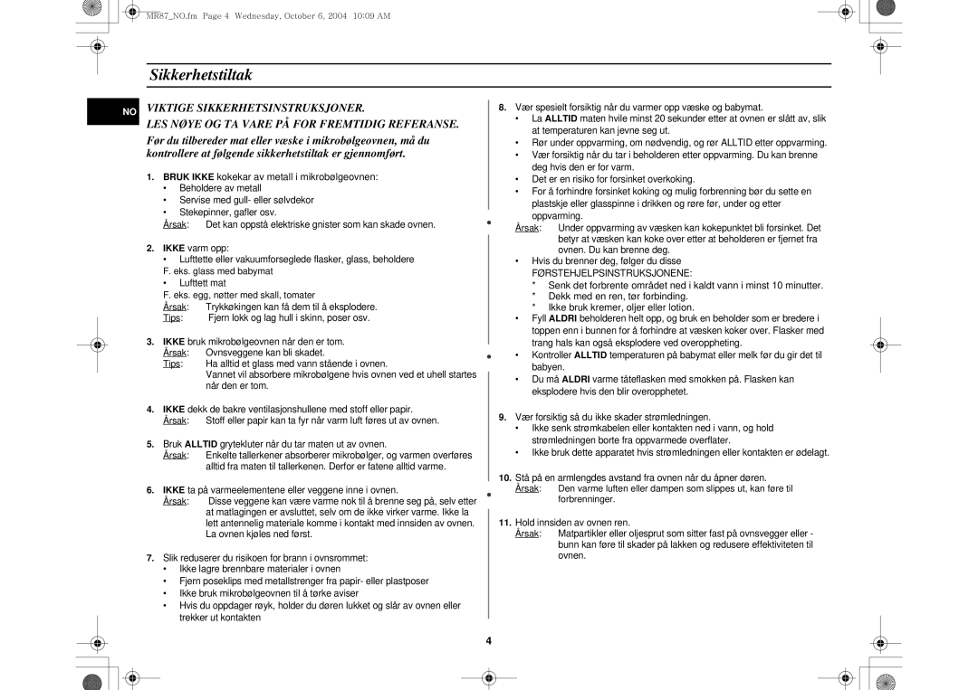 Samsung MR87/XEE manual Sikkerhetstiltak, Førstehjelpsinstruksjonene 