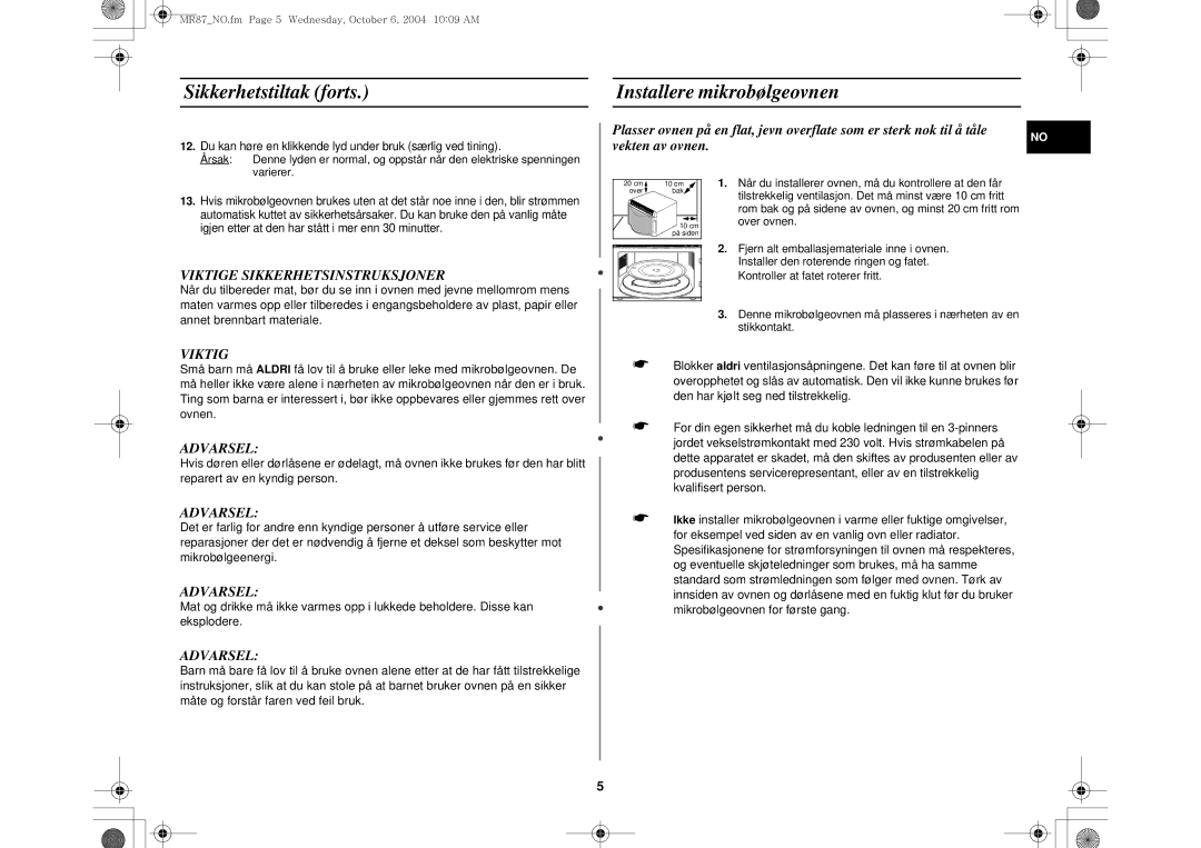 Samsung MR87/XEE manual Sikkerhetstiltak forts Installere mikrobølgeovnen, Viktige Sikkerhetsinstruksjoner 