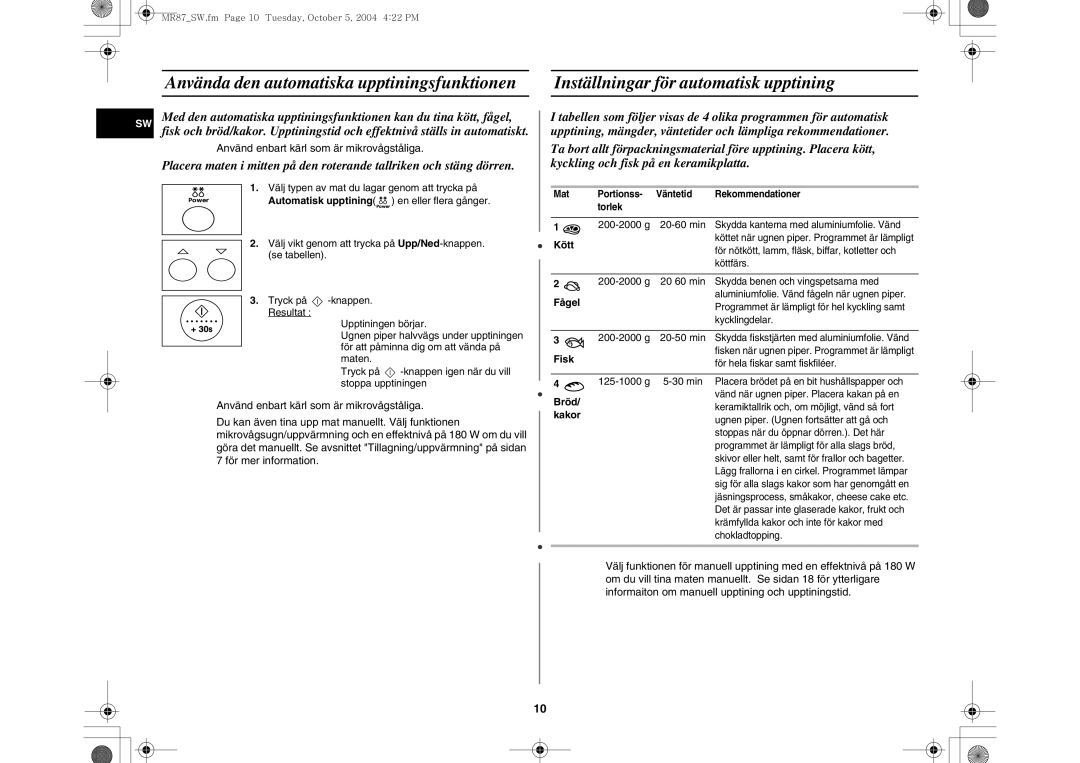 Samsung MR87/XEE manual Inställningar för automatisk upptining, Kött, Fågel, Fisk, Bröd 