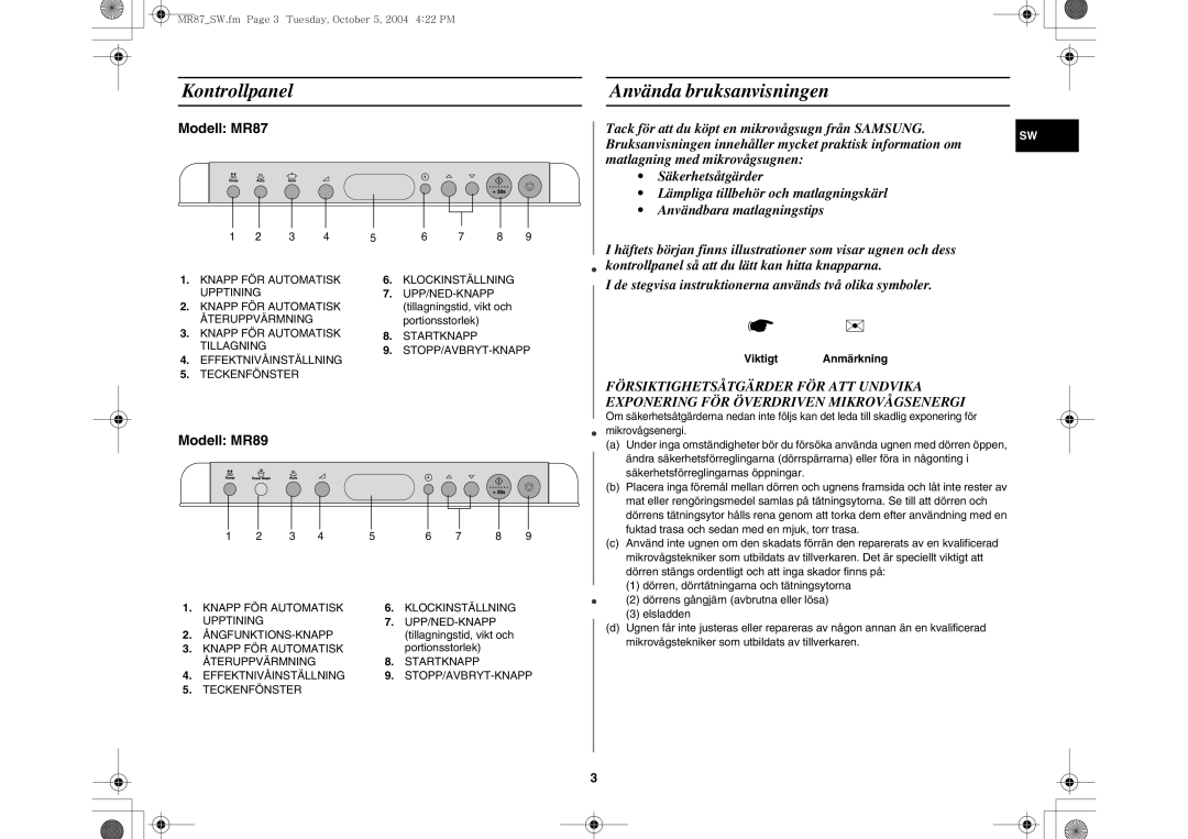 Samsung MR87/XEE Kontrollpanel, Använda bruksanvisningen, Tillagningstid, vikt och, Portionsstorlek, Viktigt Anmärkning 