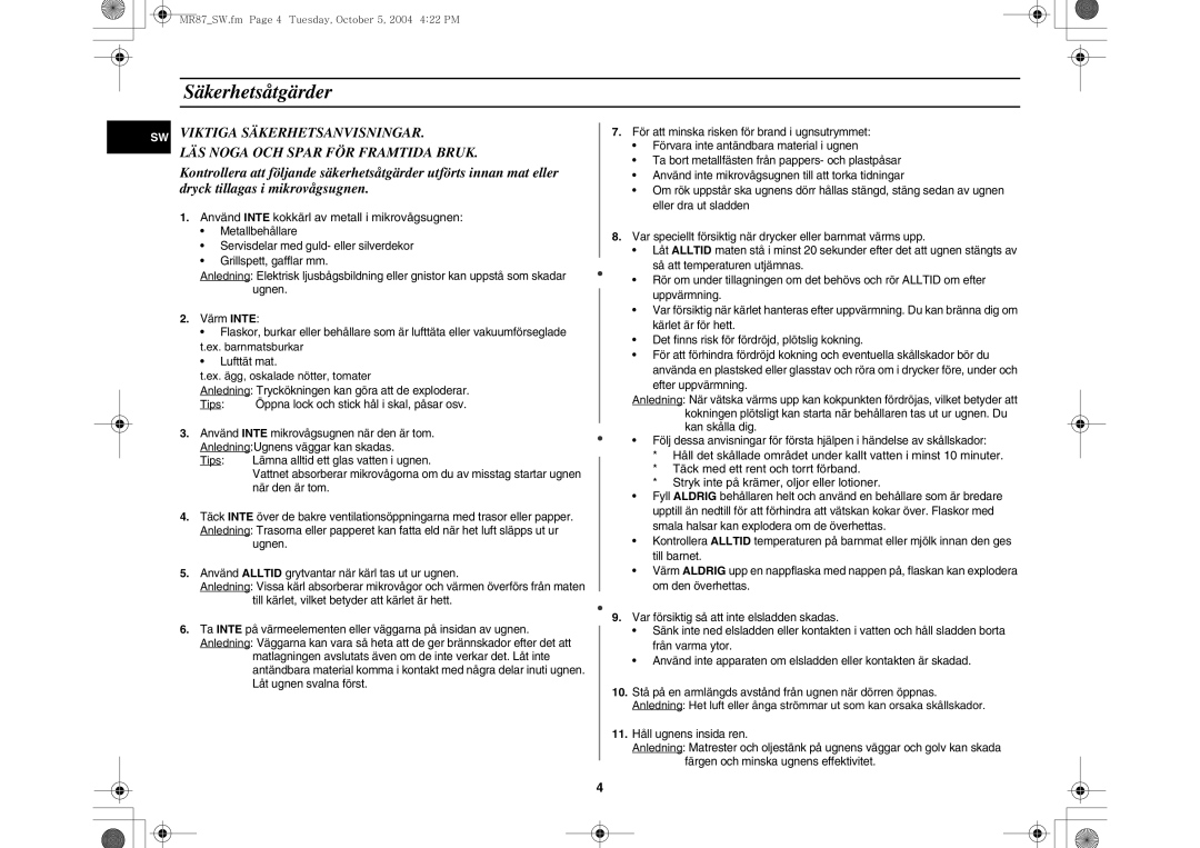 Samsung MR87/XEE manual Säkerhetsåtgärder 