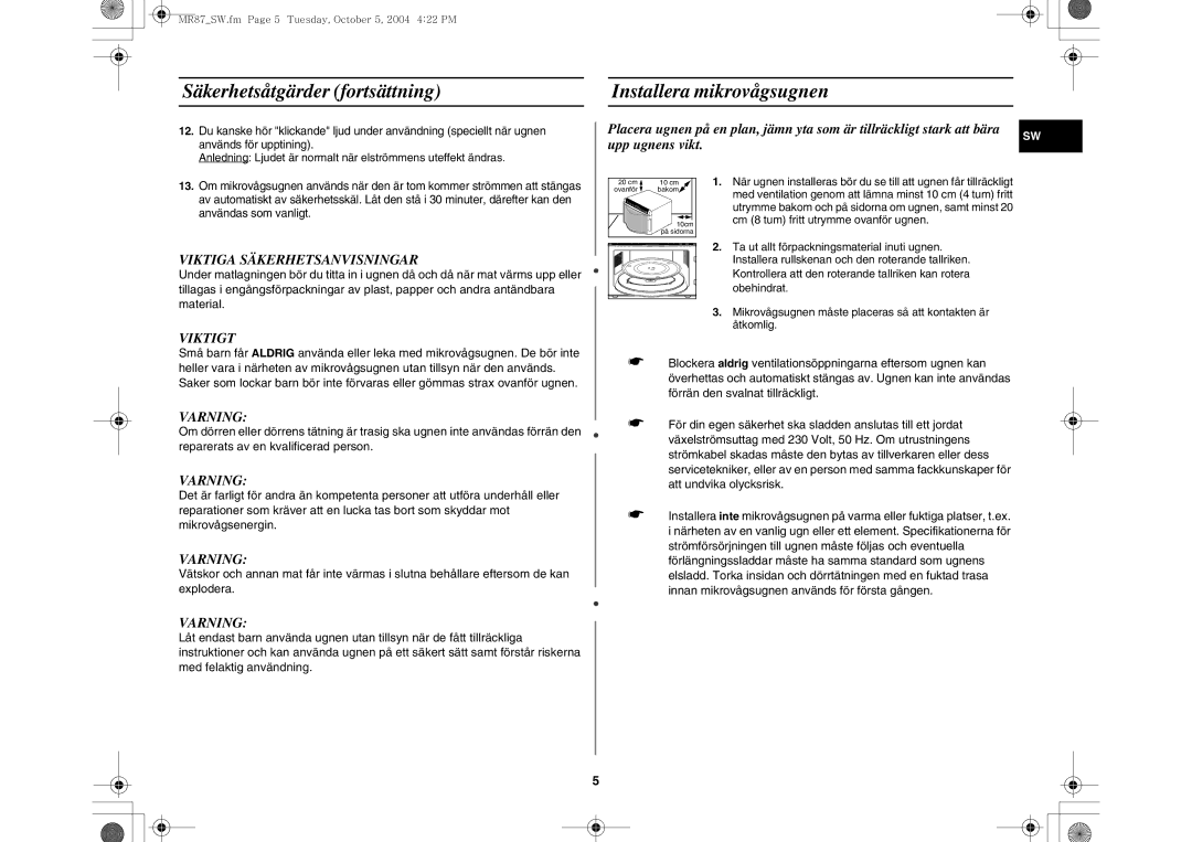 Samsung MR87/XEE Säkerhetsåtgärder fortsättning, Installera mikrovågsugnen, Viktiga Säkerhetsanvisningar, Viktigt, Varning 