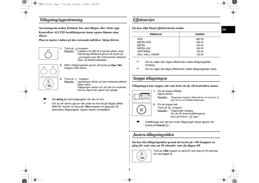 Samsung MR87/XEE Tillagning/uppvärmning Effektnivåer, Stoppa tillagningen, Justera tillagningstiden, Effektnivå Uteffekt 