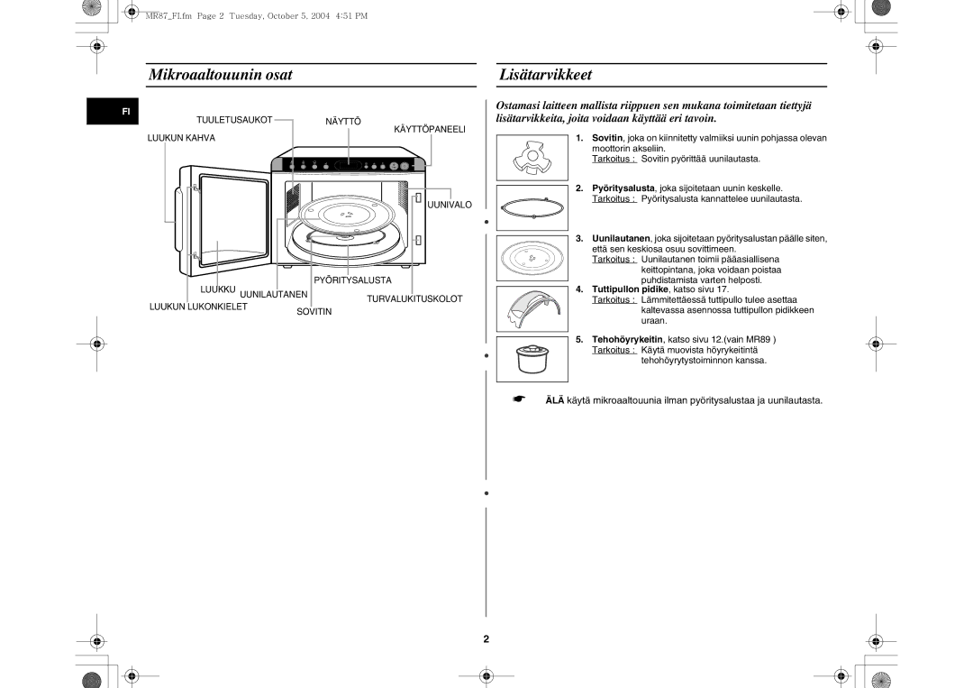 Samsung MR87/XEE manual Mikroaaltouunin osat, Lisätarvikkeet, Tuttipullon pidike, katso sivu 