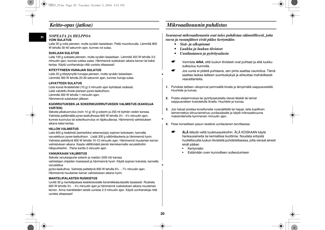 Samsung MR87/XEE manual Mikroaaltouunin puhdistus, Nopeata JA Helppoa 