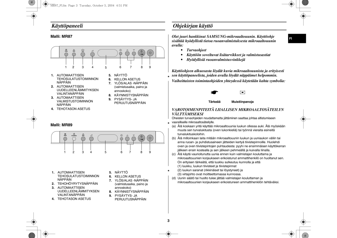 Samsung MR87/XEE manual Käyttöpaneeli, Ohjekirjan käyttö, Valmistusaika, paino ja, Annoskoko, Tärkeää Muistiinpanoja 