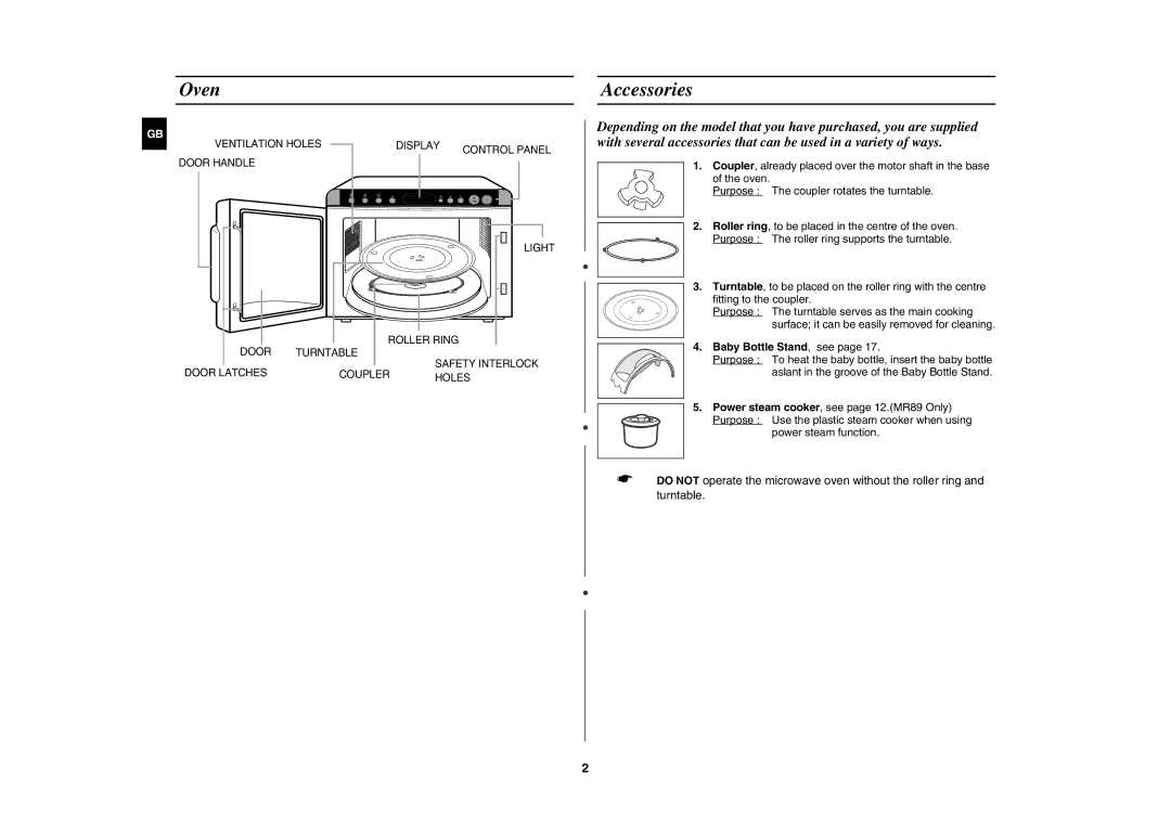 Samsung MR89/PEC, MR89-S/ELE, MR89/NIG, MR89-S/SLI manual Oven, Accessories, Baby Bottle Stand, see 