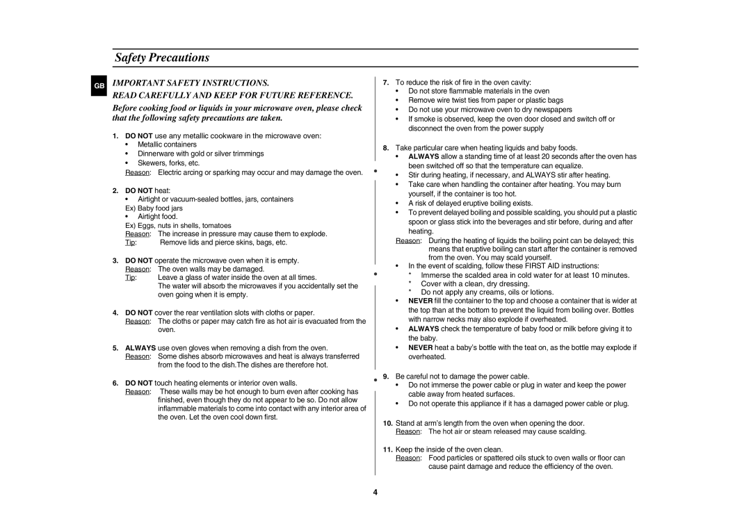 Samsung MR89-S/ELE, MR89/NIG, MR89/PEC, MR89-S/SLI manual Safety Precautions, Do not heat 