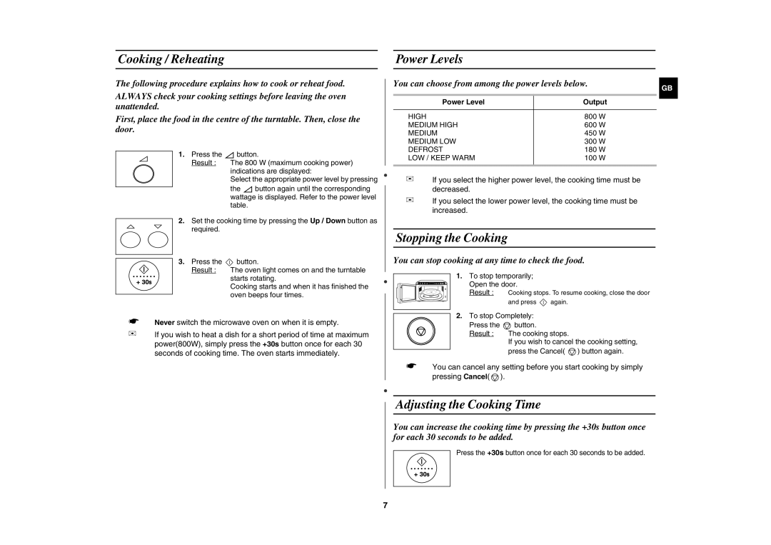 Samsung MR89-S/SLI Cooking / Reheating Power Levels, Stopping the Cooking, Adjusting the Cooking Time, Power Level Output 