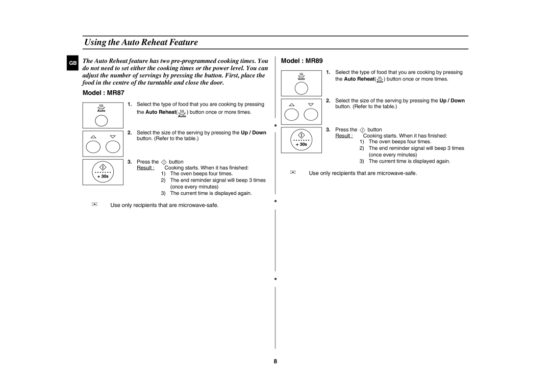 Samsung MR89-S/ELE, MR89/NIG, MR89/PEC, MR89-S/SLI manual Using the Auto Reheat Feature 