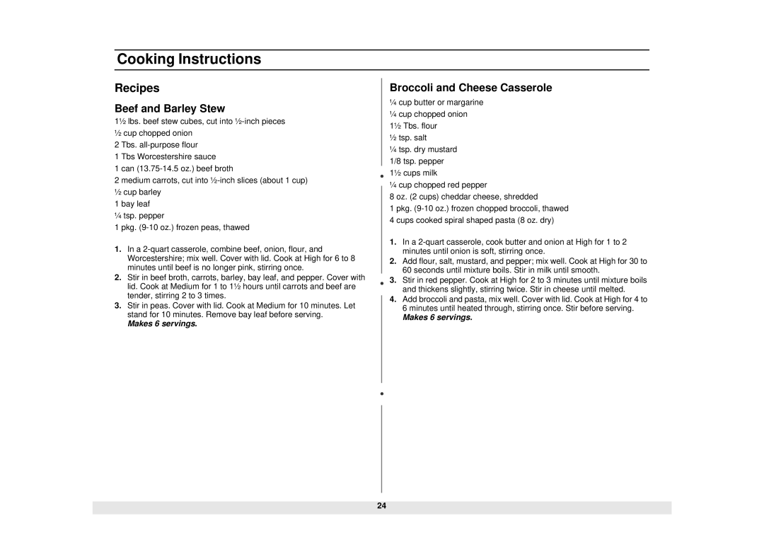 Samsung MS1271WA, MS1271BB, MS1070WB, MS1070BB, MS1271SB manual Recipes, Beef and Barley Stew, Broccoli and Cheese Casserole 