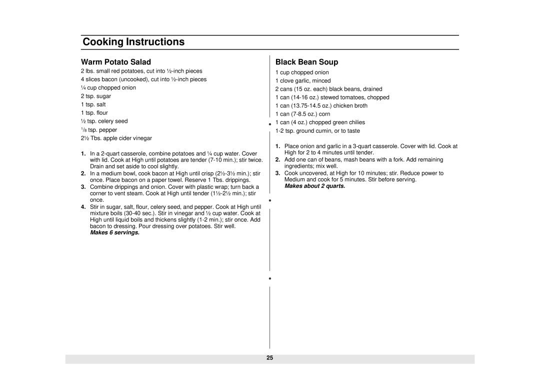 Samsung MS1471BB, MS1271BB, MS1070WB, MS1070BB, MS1271SB, MS1471WB, MS1471SA, MS1271WA manual Warm Potato Salad, Black Bean Soup 