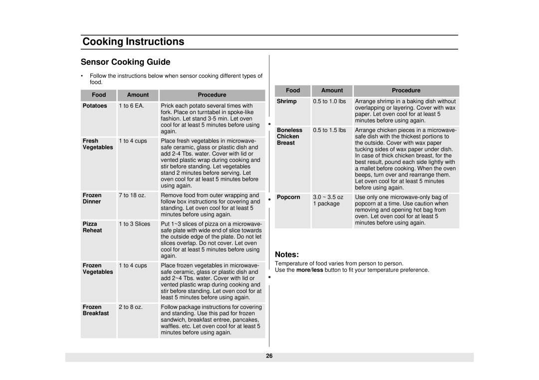 Samsung DE68-01953A, MS1271BB, MS1070WB, MS1070BB, MS1271SB, MS1471WB, MS1471SA, MS1271WA, MS1471BB manual Sensor Cooking Guide 