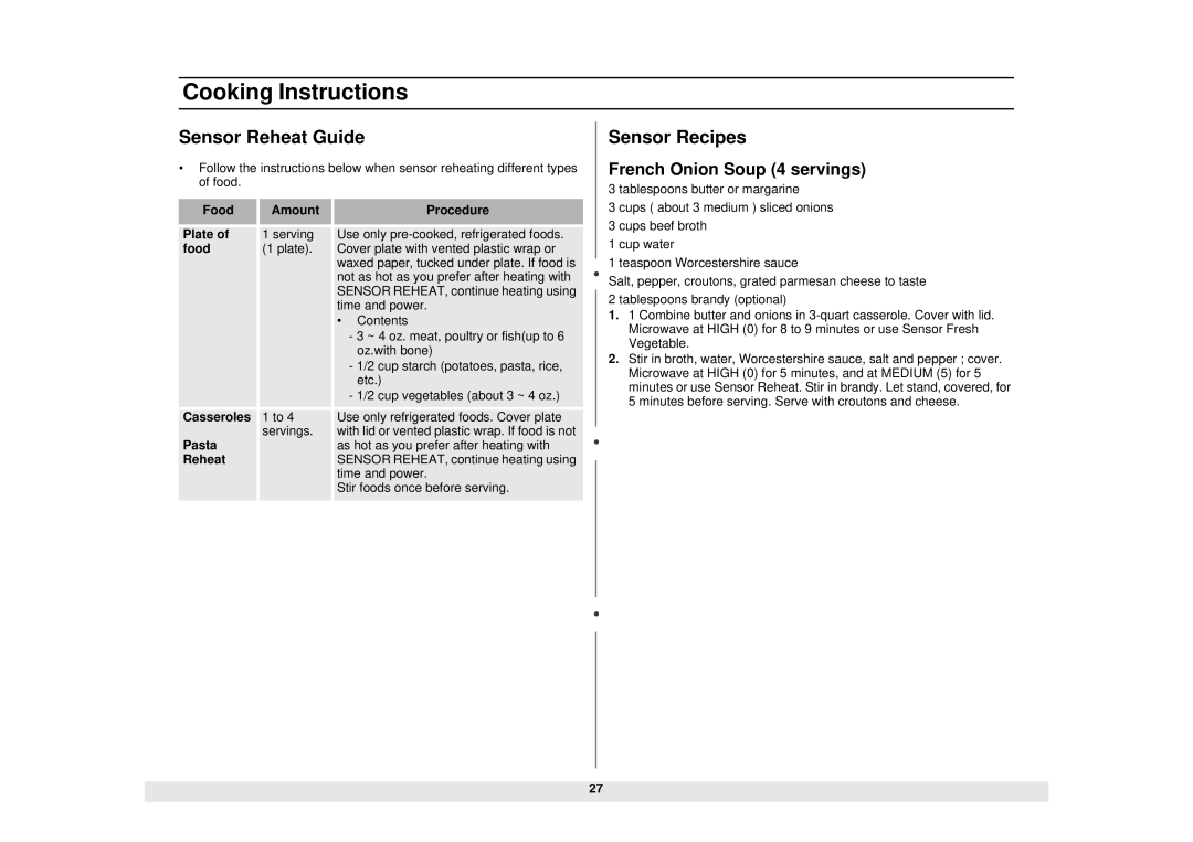 Samsung MS1271BB, MS1070WB, MS1070BB, MS1271SB, MS1471WB Sensor Reheat Guide, Sensor Recipes, French Onion Soup 4 servings 