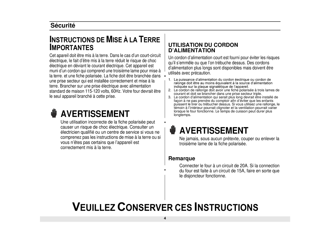 Samsung MS1070BB, MS1271BB, MS1070WB, MS1271SB, MS1471WB, MS1471SA, MS1271WA manual Instructions DE Mise À LA Terre Importantes 