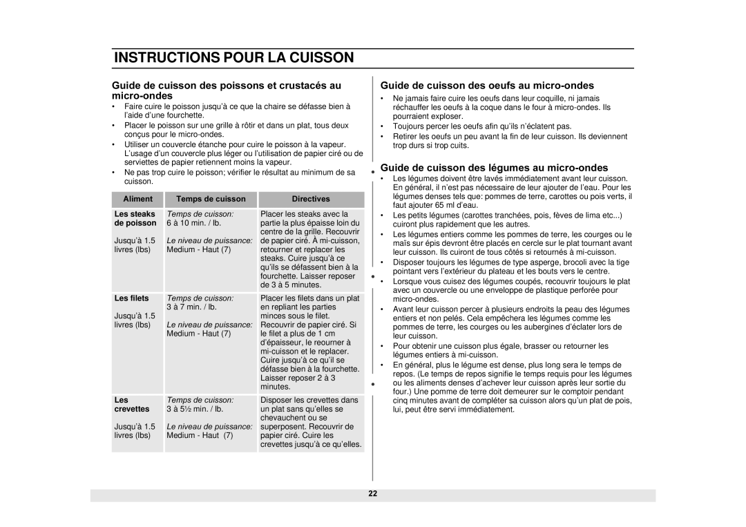 Samsung MS1070BB Guide de cuisson des poissons et crustacés au micro-ondes, Guide de cuisson des oeufs au micro-ondes 