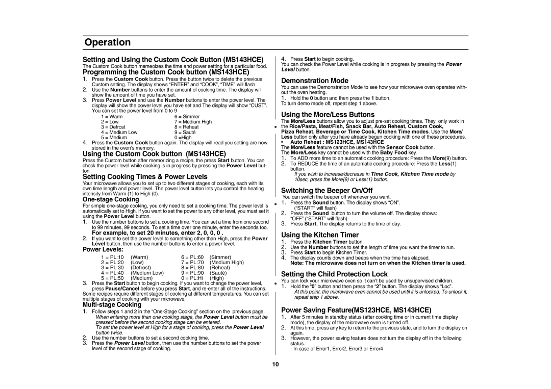 Samsung MS143HCE/XSG manual Setting and Using the Custom Cook Button MS143HCE, Programming the Custom Cook button MS143HCE 