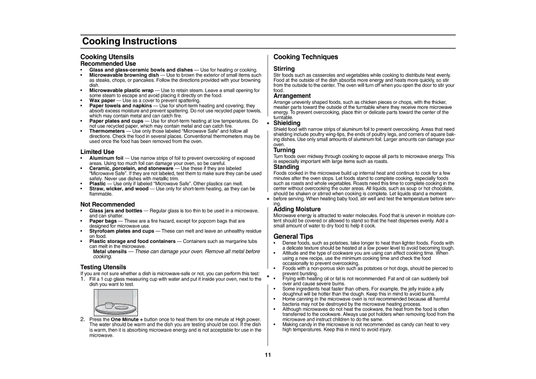 Samsung MS143HCE/XSG manual Cooking Instructions, Cooking Utensils, Cooking Techniques, General Tips 